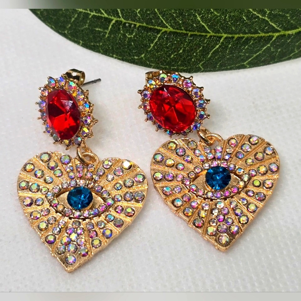 Evil Eye Gold Tone Red, Blue Rhinestone Statement Earrings